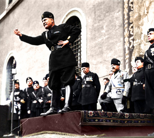 Colourised picture of Mussolini giving a speech in Rome, 1922