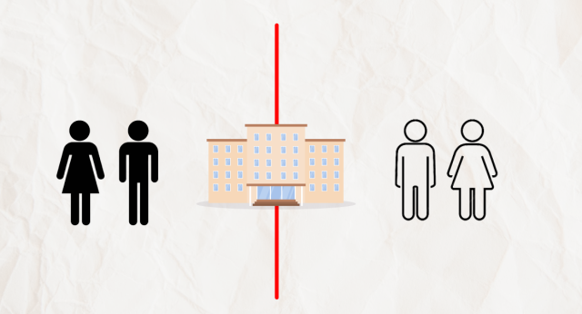Graphic showing all black and all white stick figures on either side of a school building