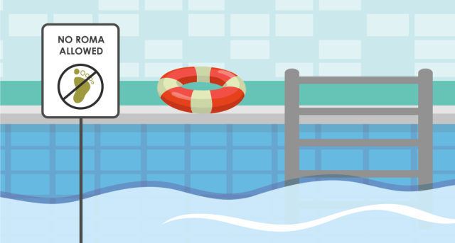 Graphic of swimming pool with sign saying 