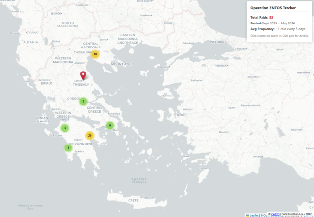 Map showing the distribution of ENTOS raids in Greece